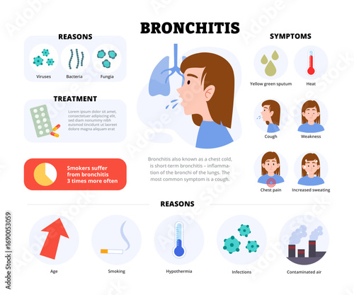 Bronchitis infographic design with woman character. Vector poster template showing causes, symptoms, treatment, and prevention for medical education, healthcare awareness, chart illustration banner.