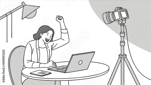 Excited person working on laptop during video recording session.