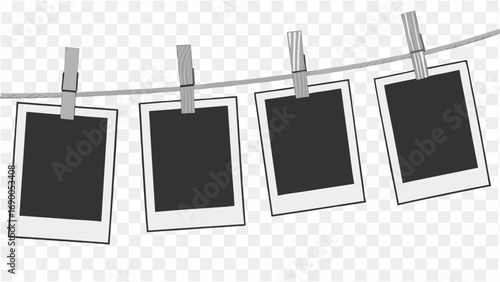 Four Blank Photo Frames Hanging on a Clothesline with Clothespins Mockup for Memories Design Template.