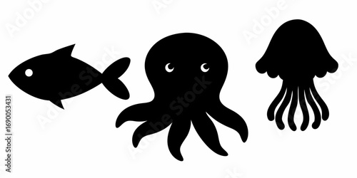 A black silhouette of a fish octopus and jellyfish isolated on a white background representing marine life | editable eps vectors