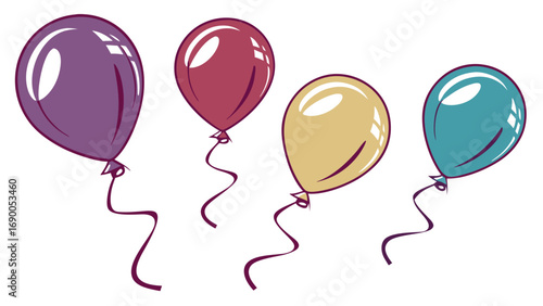Four Colorful Balloons Floating with Strings Celebration Party Decoration Vector Illustration.