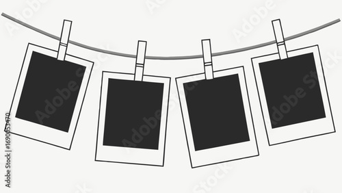 Four Blank Photo Frames Hanging on a Clothesline Mockup for Memories and Design Projects.