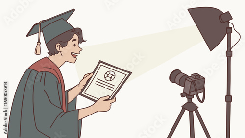 Graduate holding diploma photographed with studio lighting and camera.