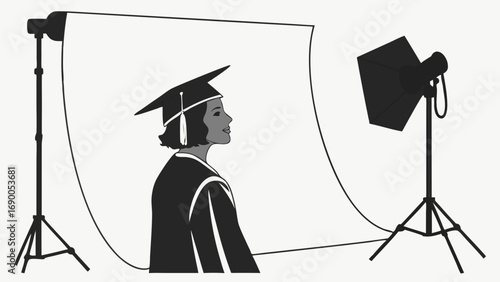 Graduate in Studio Photography Session Cap and Gown Lighting Setup Achievement Illustration.