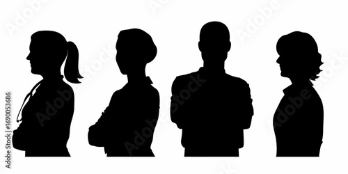 Silhouette illustration of four medical professionals standing with arms crossed posing together | editable eps vectors
