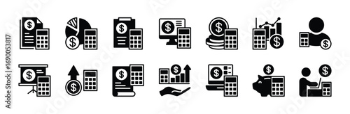 Accounting icon vector set. Contains finance, banking, calculating, accountant, statement, invoice, tax, profit, earning, analysis, currency, balance, office employee. Illustration