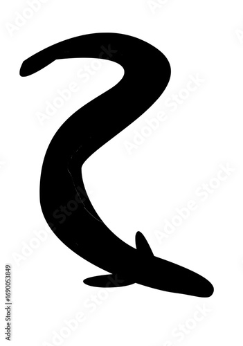 Black silhouette of a stylized eel or sea serpent against a white background