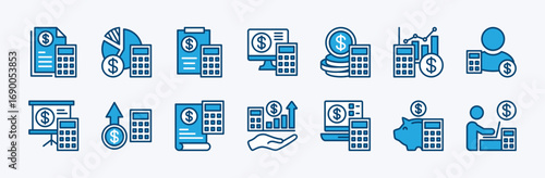 Set of accounting icon. Contains finance, banking, calculating, statement, invoice, tax, accountant, profit, earning, analysis, currency, balance, office employee. Vector illustration