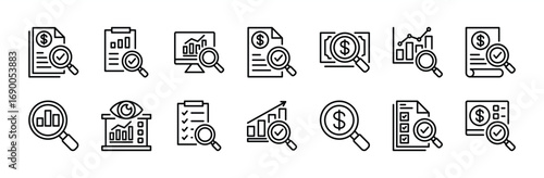 Audit thin line icon set. Contains accounting, inspecting, inspection, auditor, check, checklist document, approved, verify, monitoring, evaluation, search, financial analysis. Vector illustration