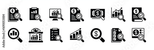 Audit icon vector set. Contains financial analysis, accounting, inspecting, inspection, auditor, check, checklist document, approved, verify, monitoring, evaluation, search. Illustration