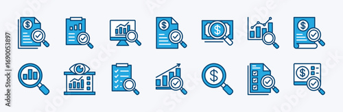 Set of audit icon. Contains accounting, financial analysis, inspecting, inspection, auditor, check, checklist document, approved, verify, monitoring, evaluation, search. Vector illustration