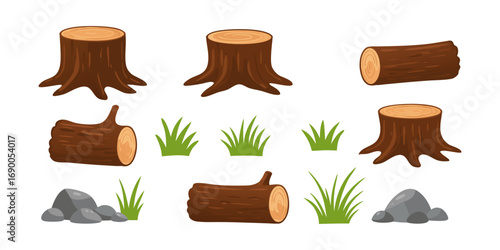 Cartoon forest floor with tree stumps and grass