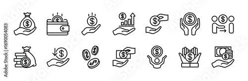 Finance thin line icon set. Contains earnings, money, coin, financial profit, budget, revenue, payment, savings, loan fund, billfold, wages, salary, creditor, wallet. Vector illustration