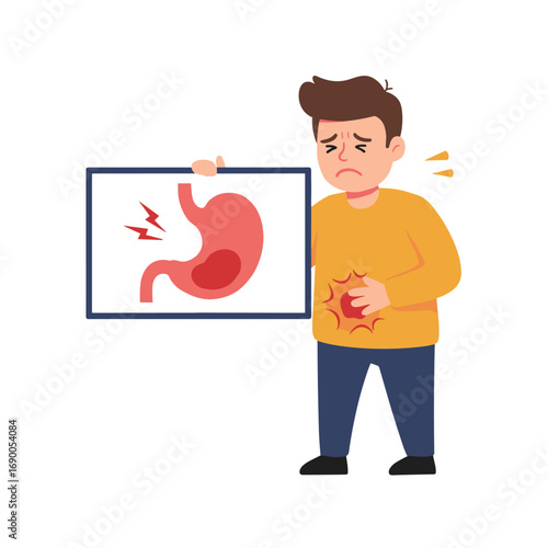 Cartoon man clutches stomach with stomach pain