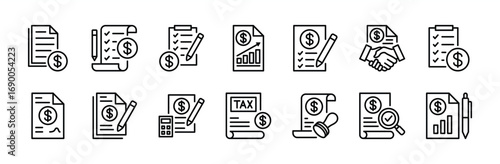 Financial statement contract thin line icon set. Contains accounting tax document, check, checklist bill, inspection, audit, invoice, checkmark, agreements, report, form. Vector illustration