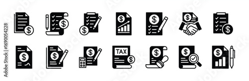 Financial statement contract icon vector set. Contains accounting tax document, check, checklist bill, inspection, audit, invoice, checkmark, agreements, report, form. Illustration EPS 10
