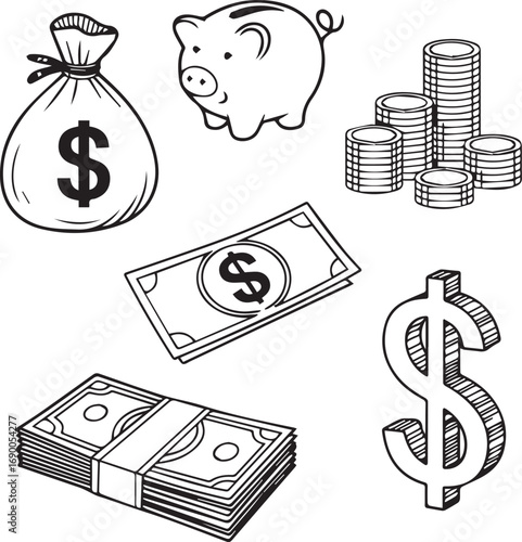 Hand-Drawn Money and Finance Doodle Icon Set Vector