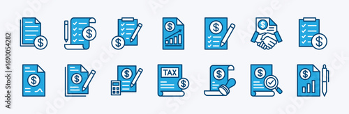 Set of financial statement contract icon. Contains accounting tax document, check, checklist bill, inspection, audit, invoice, checkmark, agreements, report, form. Vector illustration