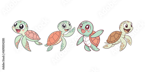 Four cartoon turtles smile cheerfully together