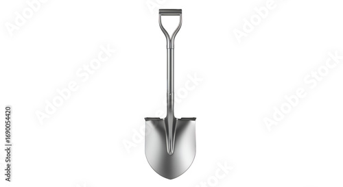 Shiny Silver Shovel: A gleaming, metallic shovel stands tall, perfectly centered, ready for digging in a photorealistic, studio-style presentation.