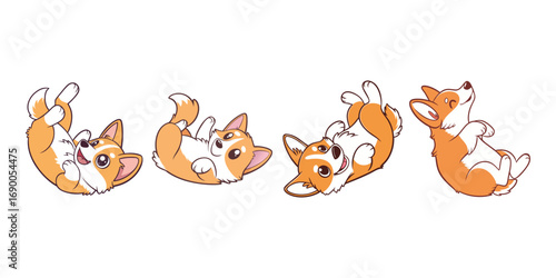 Cartoon corgis roll happily on their backs, joyful