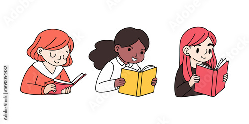 Three girls reading books with diverse styles.