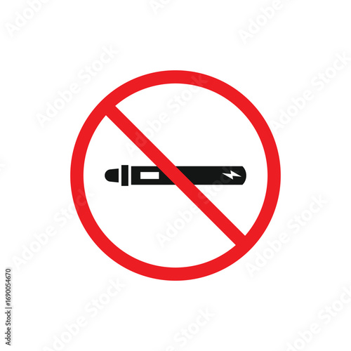 No vaping sign. A vector illustration of a red forbidden circle with an e-cigarette or vape device inside, on a clean white background. Perfect for public places, health campaigns, and icons