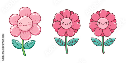 Three cute pink flowers with smiling faces bloom