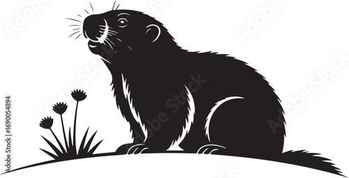 Silhouette of a cute black cat and dog sitting together, a pet illustration