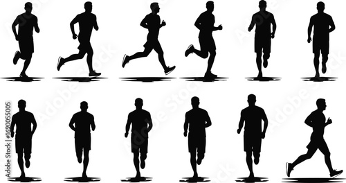Running silhouette man, jogging athlete figure, workout exercise vector, black male fitness pose, outdoor marathon clipart, training sports illustration, health activity