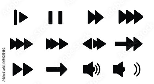 A collection of black minimalist media player control icons, including play, pause, fast forward, and volume symbols, isolated on a white background.