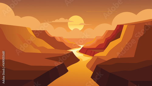 Golden Canyon River Sunset Cartoon Landscape of Flowing Water Through Cliffs with Sky and Clouds