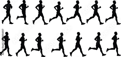 Silhouette man running sequence, jogging illustration, athlete workout, fitness activity, sports training clipart, healthy lifestyle, marathon exercise, outdoor runner graphic