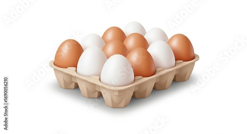 3D vector illustration of one dozen chicken eggs in a carton box
