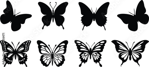 Set of black butterfly silhouettes illustration