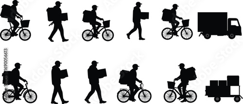Silhouette of delivery workers on bicycles and walking with packages, courier truck and trailer, logistics transportation concept, black icons.