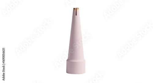 Minimalist Ceramic Object: A sleek, cone-shaped ceramic object with a gentle pink hue and subtle golden accents at its apex, standing in a simple yet elegant pose.
