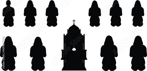 Silhouette of praying people with church, worship, faith, religion, spirituality, prayer, community gathering, Christian devotion, religious ceremony illustration