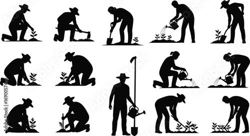 Silhouette people gardening, planting trees, watering plants, farming work, agriculture care, eco environment, nature growth, outdoor lifestyle, green sustainability illustration