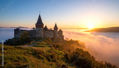 Sunrise over Medieval Castle in Misty Valley