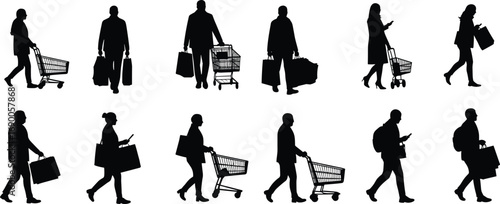 Silhouette people shopping, walking with bags, pushing carts, retail consumer illustration, mall customers, market purchase, urban lifestyle, commerce, retail activity