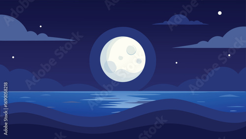 Illustrated Night Sky with Moon, Clouds, Stars Reflecting on Ocean Waves