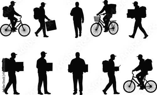 Silhouettes of delivery men with boxes and bicycles, courier services, food delivery, logistics, modern shipping, urban transport concept