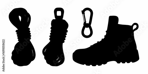 Silhouette illustration showing climbing ropes carabiner and a hiking boot in black and white style | editable eps vectors