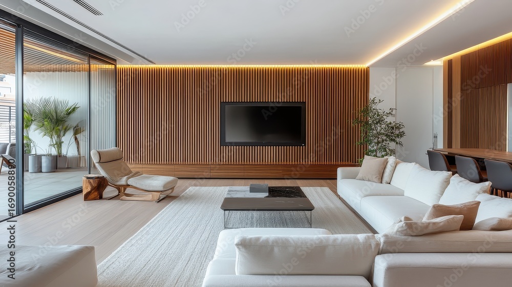 Fototapeta premium A living room with a large screen tv