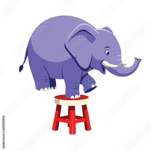Cute Purple Cartoon Elephant Balancing on Red Circus Stool.
