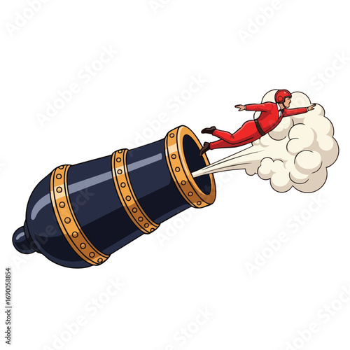Daredevil launched from cannon with dramatic smoke trail.