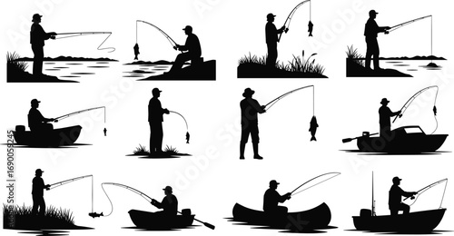 Silhouettes of fishermen catching fish from shore and boat, fishing rods, outdoor lifestyle, lake fishing, sport and leisure activity
