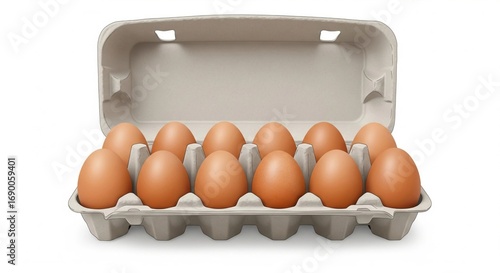 3D vector illustration of a dozen brown chicken eggs in a carton box