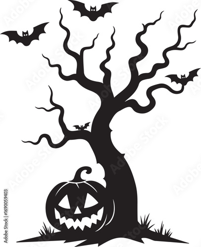 Spooky Halloween pumpkin illustration with a spooky cat and bats against a dark night sky